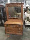 Antique oak 5 drawer dresser with mirror and ornate carved detail circa 1900-1910