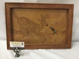 Hand carved wooden deer clock with leather front - electric, as is