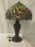 Black Tiffany style lamp w/stained glass style composite shade w/ dragonfly design