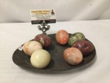 Collection of 7 hand made Action brand Italian made alabaster eggs in a metal tray