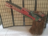 Large 2002 Vancouver indigenous painted cedar & straw Huxwhuku mask signed by artist Stan Hunt III