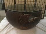 Giant 1989 black walnut mortar w/ glass top, labeled Buffalo - signed by artist Vernon Leibrant