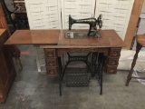 Vintage singer sewing machine desk with equipment in drawers - untested