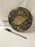 Hand made PNW Native American signed hide drum signed Lovebirds by artist N. Vonda III - comes with