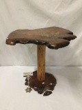 Hand made wooden live edge style rustic side table with burled top and base