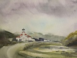 Original watercolor painting of pastoral town scene signed by artist J Payton