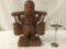 Antique wood carved Asian figure/ statue with incised designs, boy carrying water buckets