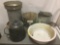 Five metal vintage items, incl. a large kettle, a feeder, two buckets and a tray