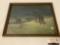 Antique framed print of a wolf in the snow overlooking small village, approximately 19 x 16 inches