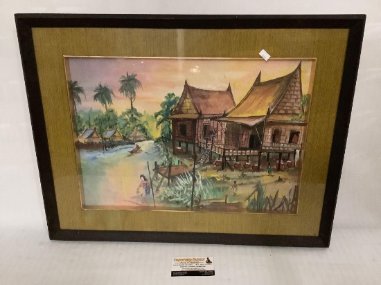 Framed original watercolor painting of huts/village, signed by unknown artist