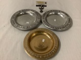 3x metal plates, 2 pewter Wilton Columbia, Brass plate marked Korea, approx 10 inches