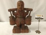 Antique wood carved Asian figure/ statue with incised designs, boy carrying water buckets