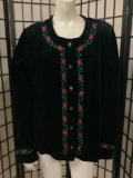 Karen Scott Black velveteen ladies Holiday sweater top trimmed in red embroidered poinsettias, made