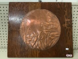 Copper wall art on wood with floral design approx 15x18 inches