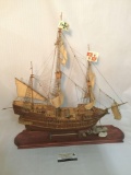 Large wooden galleon ship model with cloth sails, metal cannons, very nice condition approx 24x25x26