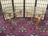 Pair of matching glass top end tables with antique'd gold tone metal frames