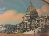 Vintage reversed glass print art piece depicting the U.S. Capital building, w/gold painted frame