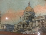 Vintage reversed glass print art piece depicting the U.S. Capital building, w/gold painted frame