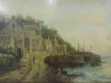 Extravagantly framed oil paint on board artwork depicting a seaside town, signed by unknown artist