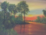 1977 Lois Thompson framed paint on canvas artwork of a sunset, signed by artist