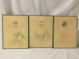 3 original portraits of fancy ladies by E. Santiano.