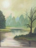 Oil landscape painting entitled Foggy Morning w/hand carved wooden frame