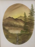 Framed unsigned oil painting of a mountain landscape scene