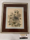 Vintage framed flower print artwork approximately 13 x 15 inches