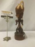 Hawaiian wood sculpture w/braided straw hair, signed by artist Mils Wood