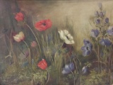 Original oil painting of flowers in gesso frame. Canvas has no wood.
