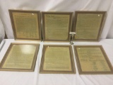 Six framed prints of the Constitution of the United States And the Declaration of independence.