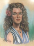 Portrait painting of woman with flower in her hair.