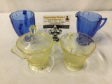 Collection of 2 Hazel Atlas cream and sugar sets. Florentine yellow and Newport cobalt.