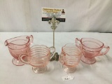 Pair of pink depression glass cream and sugar sets. Diamond glass Adams set, and unmarked.