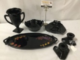 Collection of vintage black glass. LE smith dancing ladies trophy vase. Flint glass and more!