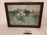 Antique framed print of horse carriage riders crossing creek, approximately 16.5 x 12.5 inches