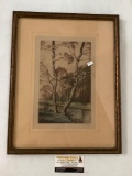 Framed hand tinted vintage nature scene print signed by artist R. Fahey, approx 14x18 inches.