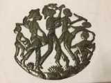 Haitian made wall hanging metal art plate signed - depicting jovial scene