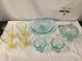 Lot of 8 vintage glass ; 4x yellow glasses, 4x dessert tray dish lid creamer sugar bowl 10x3 inches