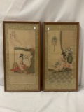 2x Original Asian watercolor painting signed with seal - framed 25x13 inches