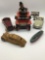 Five metal toy vehicles, incl. a electric red old school motor carriage w/rider (untested) No.1901,