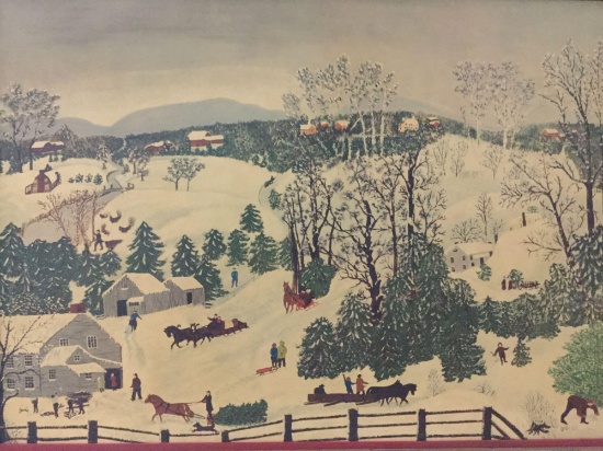 Festive holiday framed print of Out for the Christmas Trees by Grandma Moses.