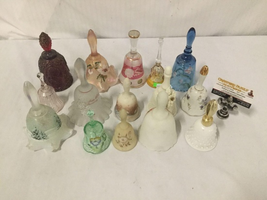 Collection of 15 vintage glass and stoneware bells. 7 Fenton glass pieces, 3 carnival glass, 6 hand