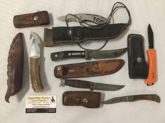 Collection of 6 knives. Ka-Bar, Schrade, handmade Alaskan bone handle and more! Largest measures