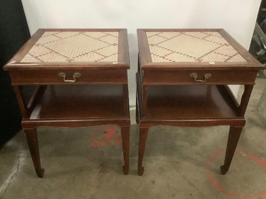 Pair of matching vintage wood end tables with one drawer and tile top