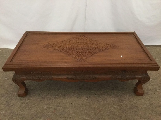 Vintage 40's restored oak coffee table with floral engravings/detail - mild wear for age