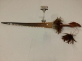 Stunning handmade Hawaiian koa & marlin bill sword w/ Mako shark tooth edge & feathers
