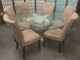 Large modern glass top dining table w/cornucopia base and six modern chairs, some wear see pics,