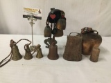 Collection of vintage bells, holidays, cowbells and more. Largest bell measures approx 5x6x4 inches.