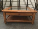Large one drawer glass top coffee table, approx. 38x38x16 inches. JRL